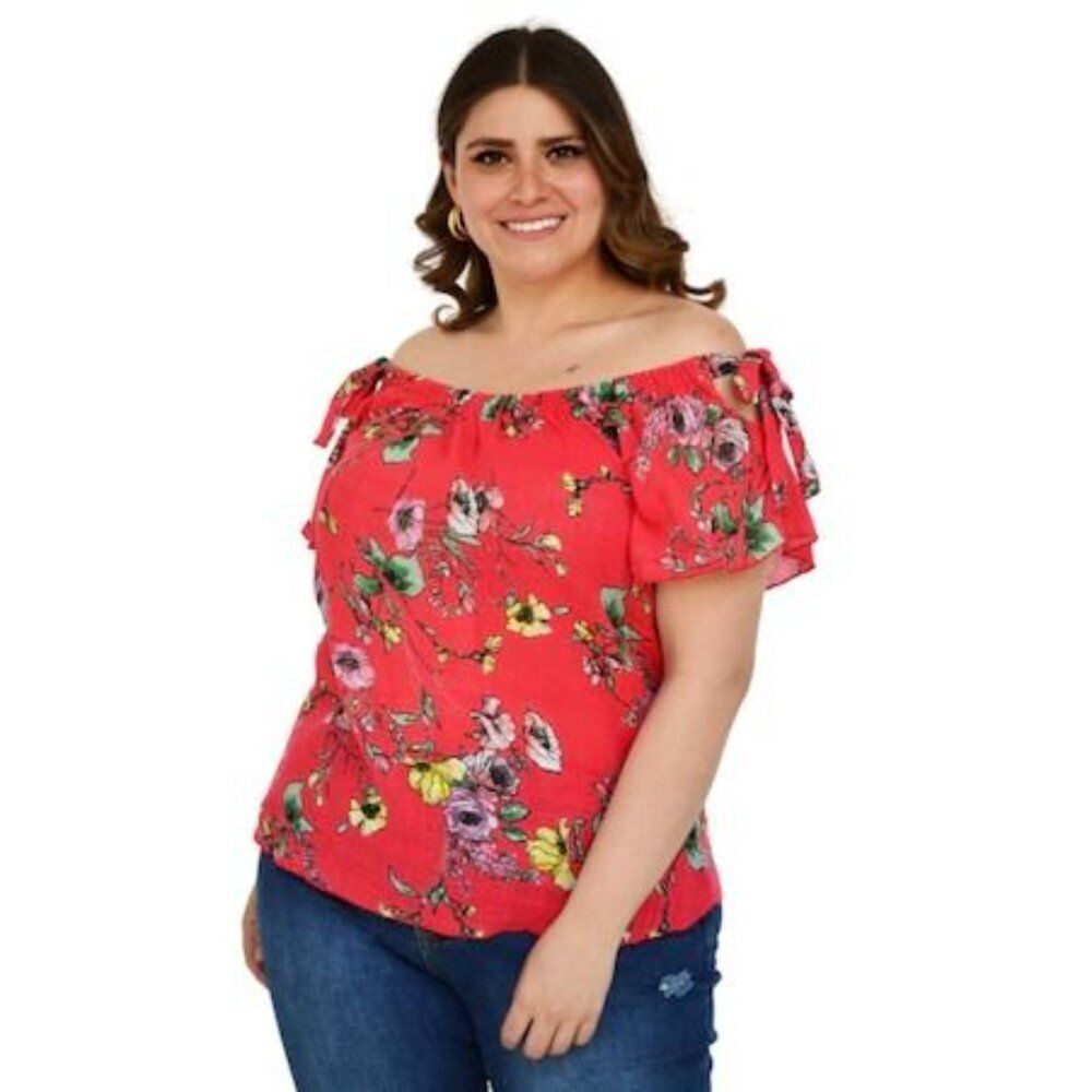 Zenobia Plus Size Linen Short Sleeve Blouse Off Shoulder Bow Red Floral 3X